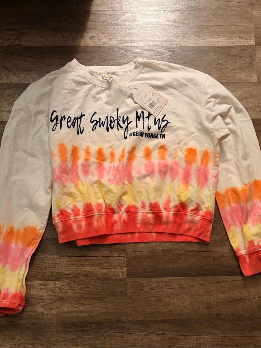 Great Smoky Mtns Tie-Dye Cropped Sweatshirt - White with Pink/Orange/Yellow